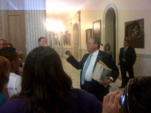 Speaker DeLeo addresses crowd of supporters outside House chambers after the historic vote